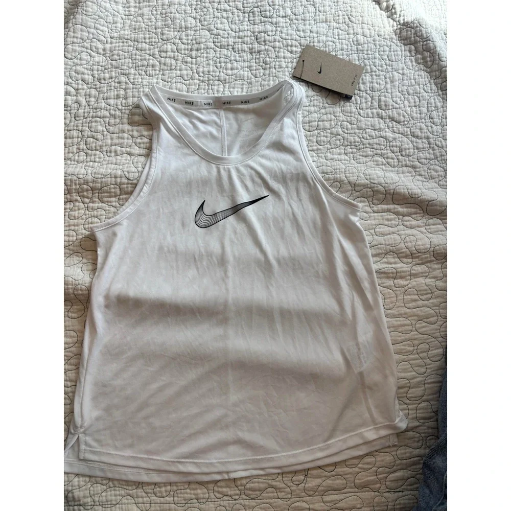 Nike Girls Dri-FIT Tank Top White‎ Graphic Swoosh Sleeveless Performance Large
